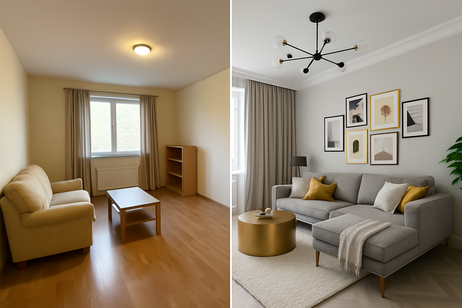 Oba'da tadilat oncesi ve sonrasi gostenen oturma odasi