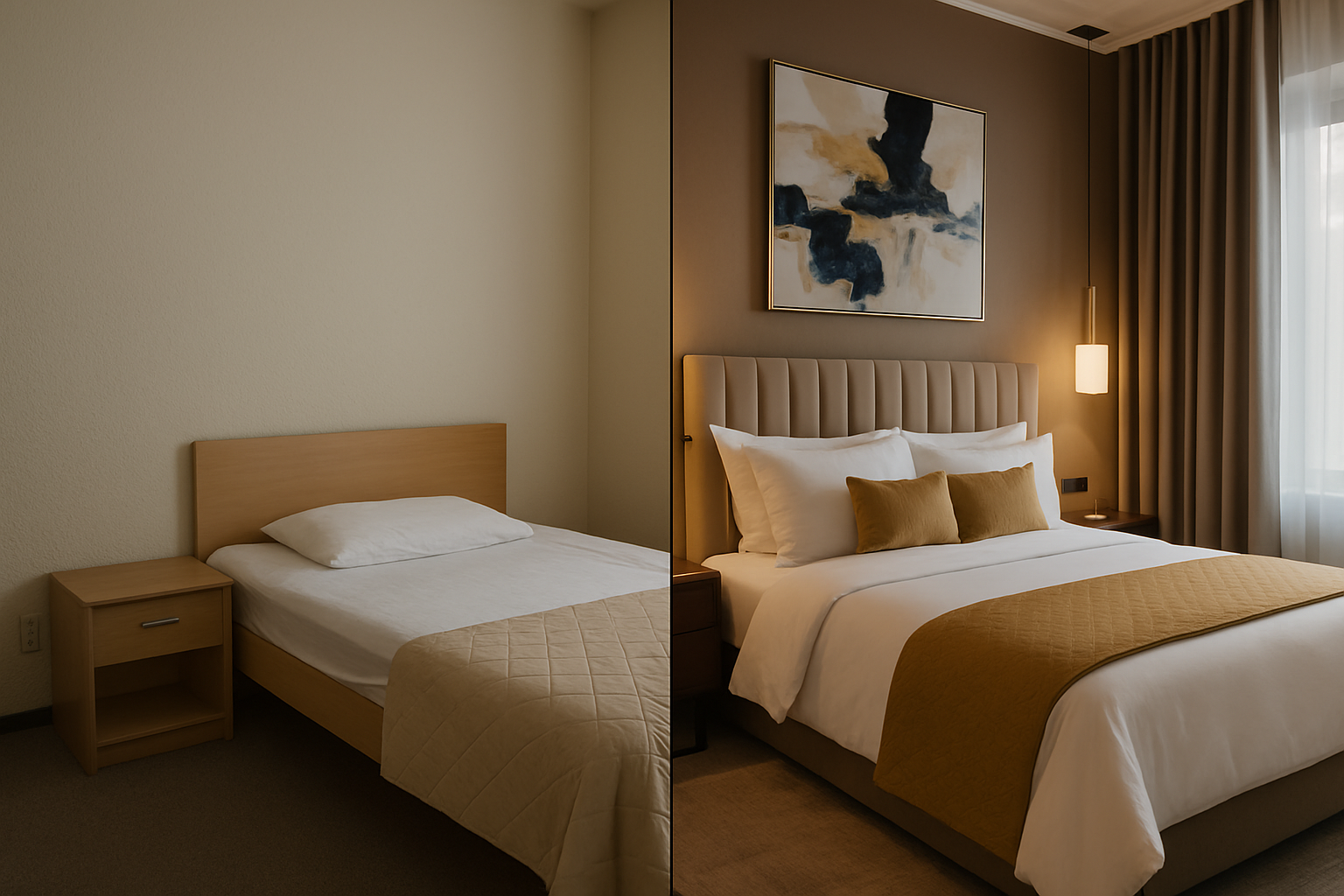 Mahmutlar'da tadilat oncesi ve sonrasi gostenen yatak odasi