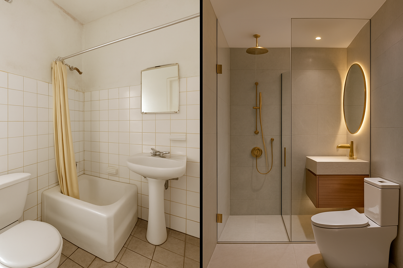 Kestel'de tadilat oncesi ve sonrasi gostenen banyo